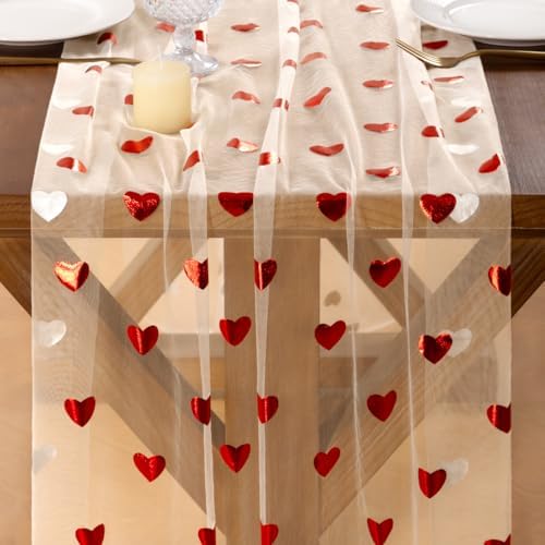 Gold Gauze Table Runner Red Heart Sheer Romantic Wedding Party Table Decor - Image 2
