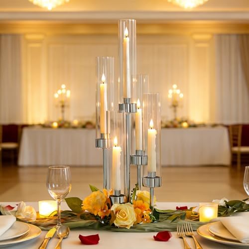 2 Pcs 5-Arm Silver Metal Table Candelabra Centerpiece, 22" Tall Clear Candlesticks Holder with Shade for Valentines Day Events Party Table Centerpiece,Fit LED Candles - Image 7