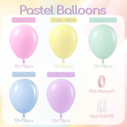 60pcs 12inch Pastel Balloons with Pink Green Yellow Blue Purple Balloons - Image 2