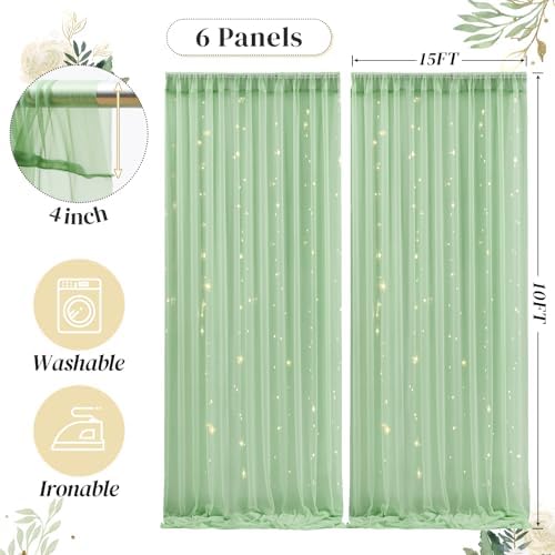 30ft x 10ft Green Backdrop Curtain with Lights String for Parties, Sheer Tulle Wedding Photo Backdrops Drapes for Baby Shower Birthday Party Decorations Background for Photography - Image 5