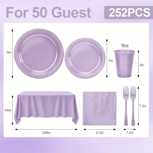 Lavender Plastic Party Plates 50Guests Disposable Purple Plates&Napkins Set - Image 3