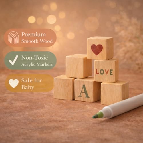 Nolia Baby Shower Blocks Decorating Game – 48 Wooden Cubes to Decorate, Storage Box, 12 Acrylic Markers & Instruction Sign (Natural) - Image 6