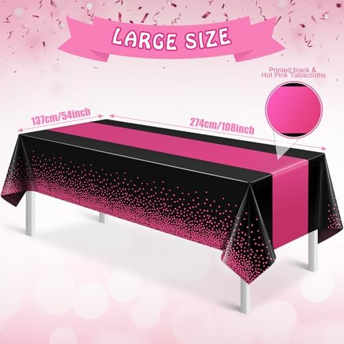 6Pcs Black Hot Pink Tablecloth Party Decorations,Plastic Black Table Cloth Printed Hot Pink Table Runner Disposable Rectangle Cover for Birthday Wedding Anniversary Graduation Party,54x108 Inch - Image 2