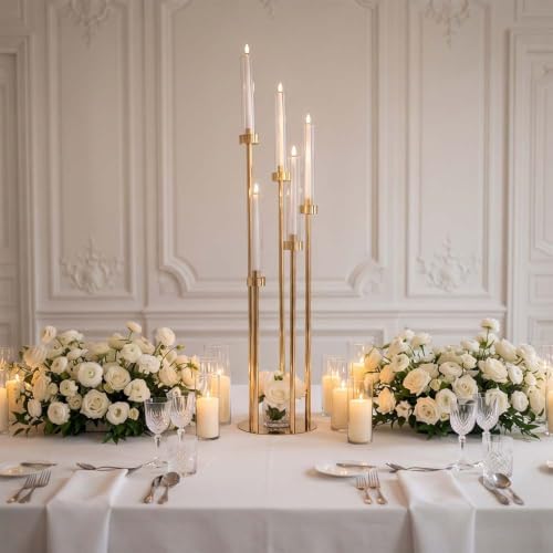 42.5in Gold Candelabra Centerpieces for Tables Candlestick Holders Decor Wedding Centerpiece Table Decorations 5 arm Candle Holder Set of 8 Acrylic lampshade Fit 0.9" LED Candle - Image 5