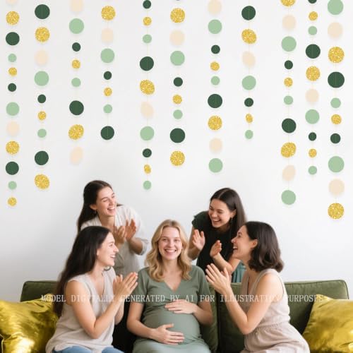 Sage Green Gold Beige Party Polka Dot Garlands Oilve Green Glitter Gold Hanging Paper Circle Dots Streamer for Birthday Wedding Shower Engagement Retirement Boho Safari Party Decorations Supplies - Image 6