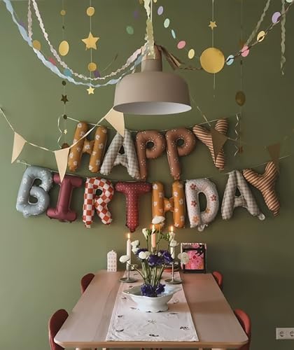 Neutral Vintage Happy Birthday Balloons Banner - Fabric Texture Inspired Mylar Foil Signs, Retro Plaid & Floral Designs, Boho Party Decorations for Kids & Adults Birthday, Old Money Aesthetic - Image 2