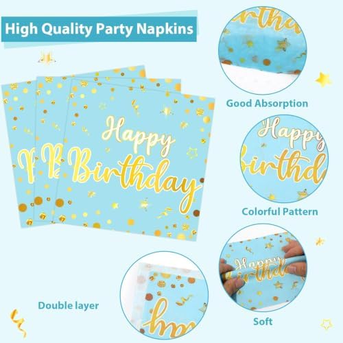 CHUNNIN 96PCS Blue Happy Birthday Plates and Napkins Happy Birthday Party Decorations Light Blue and Gold Dessert Plates Tableware for 24 Guests Kids Party Supplies - Image 4