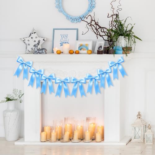 1 String of 8PCS Blue Bow Garland Banner Decoration,Pre-Strung Satin Ribbon Ornaments for Birthday,Bachelorette Party,Bridal Shower,Wedding,Engagement,Baby Shower,Graduation Decor,Anniversary by Unknown
