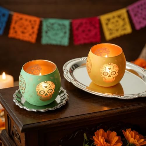 Day of Dead Skull Glass Votive Candle Holders for Indoor Halloween Decor - Image 4
