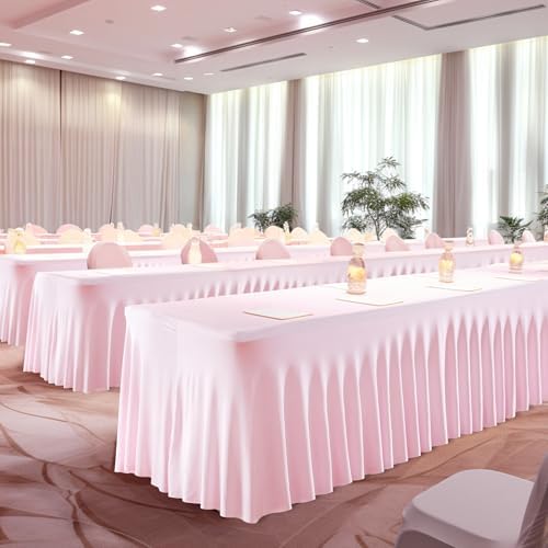 Wish Care 6 Pack Pink Spandex Table Clothes for 8 Foot Rectangle Tables, 8FT Wrinkle Free Fitted Tablecloths Ruffles Design Table Cover for Party, Banquet, Wedding and Events - Image 6