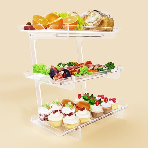 Bakzon 3 Tier Acrylic Serving Tray, 15.3" x 7.1" Dessert Table Display Set Stand for Party, Desserts, Fruits, Cookies – Reusable Collapsible Tiered Platters for Cupcakes, Veggies, and Sweet Treats by BAKZON