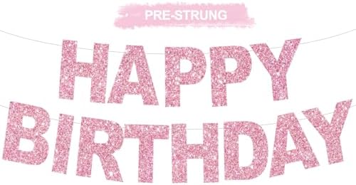 BEISHIDA Pre-Strung Glitter Pink Happy Birthday Banner Party Sign Decor by Beishida