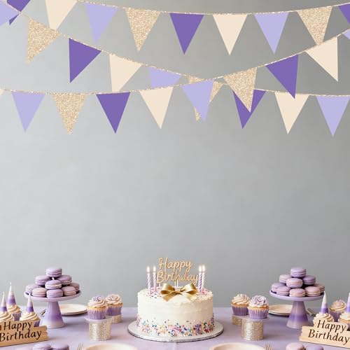 30 Ft Purple Lavender Beige Champagne Gold Party Decorations Pennant Banner Flag Hanging Paper Triangle Bunting for Birthday Bridal Shower Wedding Shower Engagement Lilac Violet Party Supplies - Image 6