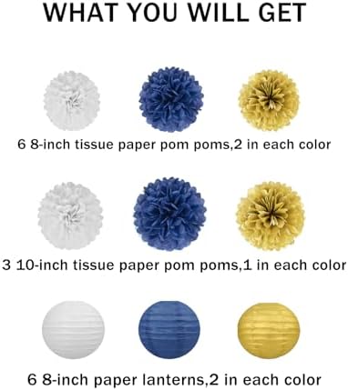 Navy-Blue White Gold Party Decorations - 15Pcs Tissue Pom Poms Paper Flowers Paper Lanterns Graduation Men Boy Birthday Wedding Bridal Baby Shower Father Day Decorations Supplies HongTongTong - Image 2