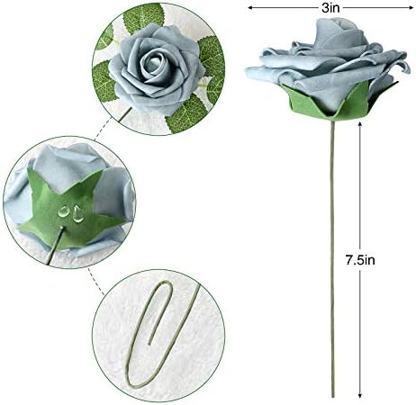 AmyHomie Dusty Blue Rose 25pcs Real Looking Artificial Flowers w/Stem - Image 2