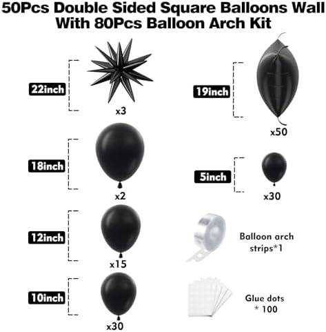 50pcs Black Square Foil Balloons Wall Backdrop with 80pcs Black Balloon Garland Arch Kit, Double Sided Balloon Tunnel for Anniversary New Year Birthday Graduation Baby Shower Party Decorations - Image 3
