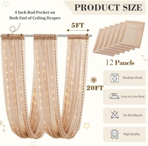 12 Panels Deep Champagne Ceiling Curtains with Lights for Weddings - 5ftx20ft Wrinkle-Free Tulle Fabric Wedding Arch Draping Ceiling Drapes Decorations for Wedding Party Ceremony Stage Tent Event - Image 4