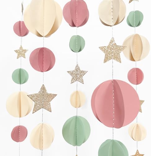 Champagne Gold Sage Green Dusty Rose Pink Beige 3D Polka Dot Star Hanging Streamer Circle Dot Star Banner Garland for Girl Wild Safari Jungle Woodland Birthday Party Decorations Supplies - Image 6