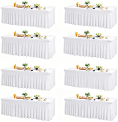 Wish Care 8 Pack White Spandex Table Clothes for 8 Foot Rectangle Tables, 8FT Wrinkle Free Fitted Tablecloths Ruffles Design Table Cloth for Party, Banquet, Wedding and Events by WishCare