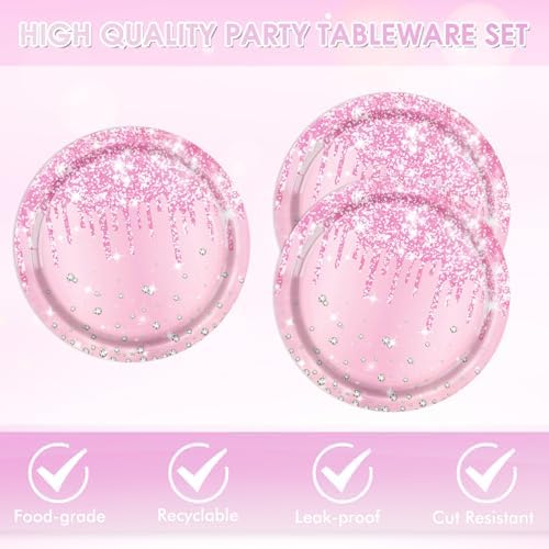 40 PCS Pink Birthday Decorations Light Pink Diamond Theme Birthday Disposable Tableware Paper Plates and Napkins for Wedding Baby Shower Serves 20 - Image 4
