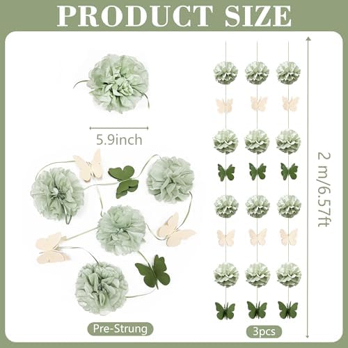 Sage Green Party Decorations Tissue Flowers Pom Pom Olive Green Beige 3D Butterfly Hanging Paper Garland Streamer Banner for Spring Themed Birthday Wedding Shower Tea Party Home Decor Supplies - Image 2
