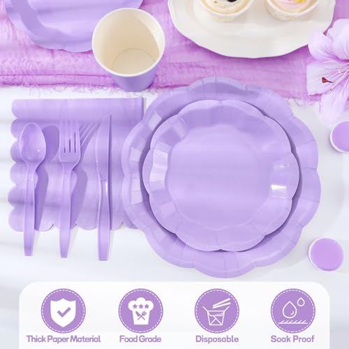 175 Pcs Light Purple Plates and Napkins Set, 25 Guest Purple Party Supplies Include Scalloped Plate Paper Napkin Cup Forks Knives Disposable Plastic Cutlery for Wedding Baby Shower Birthday Party - Image 4