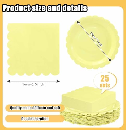 HEIPINIUYE 50 Pcs Yellow Paper Plates and Napkins Party Supplies Include 7'' Yellow Scalloped Plates and 6.5'' Paper Napkins Disposable Tableware Set for Dinner Wedding Birthday Party (Serves 25) - Image 3