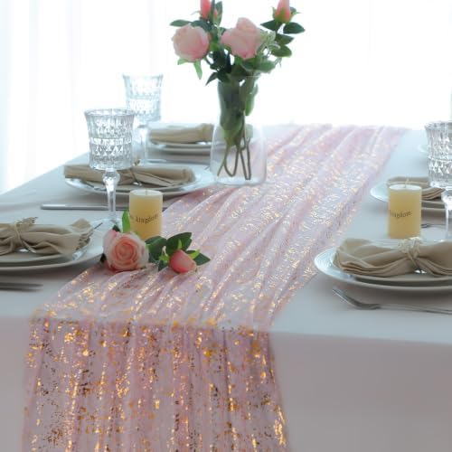 Pink and Gold Table Runner 10 Ft Metallic Foil Glittery Sheer Gauze Decor - Image 4