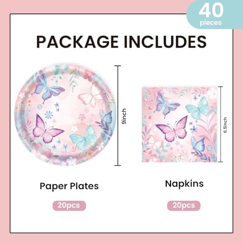 40Pcs Butterfly Plates and Napkins Party Supplies, Disposable Butterfly Birthday Party Paper Plates Napkins Tableware Set for Girl Butterfly Baby Shower Birthday Decorations (Butterfly) - Image 2
