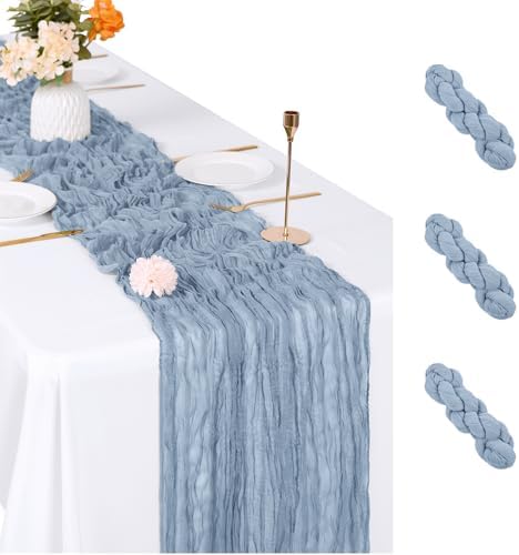 3 Pack Dusty Blue Cheesecloth Table Runner, 17 x 108 inch, Semi Sheer Boho Cheese Cloth Fabric Table Runner Bulk,for Wedding, Birthday, Party, Holiday, Home Decor (Dusty Blue) by ACSUIT
