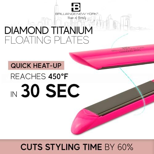 Brilliance New York - 1 Inch Pro Diamond Titanium Flat Iron - 2 in 1 Hair Straightener and Curler - Anti-Static, Frizz-Free Ionic Plates - Auto Shut-Off Dual Voltage Flat Iron w/LCD Display - Image 6