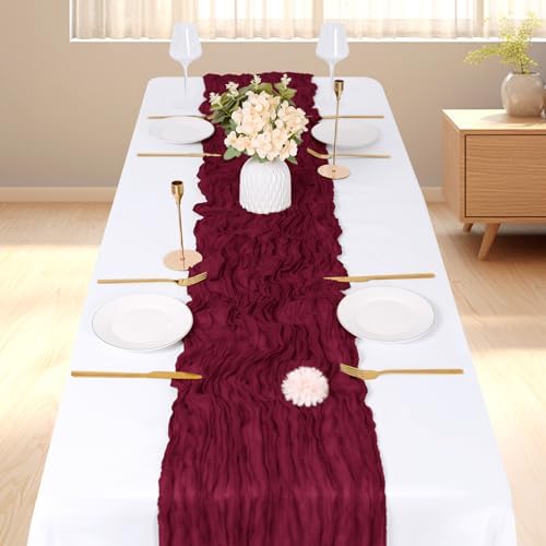 3 Pack Burgundy Cheesecloth Table Runner, 17 x 108 inch, Semi Sheer Boho Cheese Cloth Fabric Table Runner Bulk for Wedding, Birthday, Party, Holiday, Home Decor (Burgundy) - Image 2