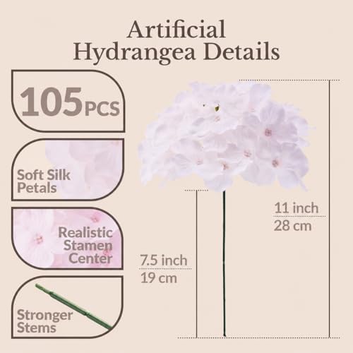 105PCS Hydrangea Artificial Flowers with Stronger Bendable Stems, Premium Silk Faux Hydrangea Flowers Bulk for DIY Wedding, Arches, Baby Showers & Large Event Decor(Pink) - Image 3