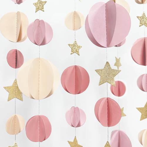 Champagne Gold Dusty Rose Pink Beige 3D Polka Dot Star Hanging Streamer Circle Dot Star Garland Banner for Birthday Bridal Shower Engagement Wedding Hen Party Decorations Supplies - Image 6