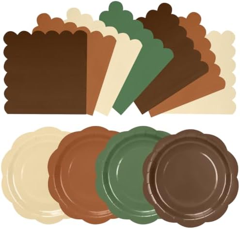 96Pcs Woodland Plates and Napkins Party Supplies,9 Inch Sage Green Brown Neutral Disposable Plates,6.5" Scalloped Napkins,Animals Safari Baby Shower Party Decorations for Birthday,Serves 48 by CENLBJ