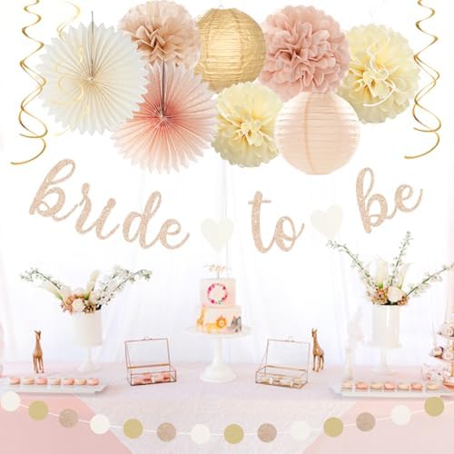 Champagne-Gold Beige Fall Bridal-Shower Party-Decorations - 36pcs Bride To Be Banner,Bachelorette Paper Lanterns,Wedding Streamers Garland,Boho Peach Tissue Pom Poms Flower Fan Decor Supplies Burgleda - Image 4