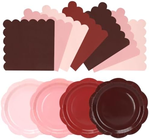 96Pcs Pink and Burgundy Paper Plates and Napkins Serves 48,9 Inch Gradient Disposable Plates,6.5" Scalloped Napkins Tableware for Bridal Shower,Girl Birthday, Wedding,Valentine’s Day by CENLBJ