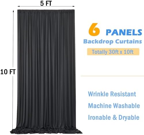 30ftx10ft Wrinkle Free Black Backdrop Curtain for Parties, 6 Panels 5x10ft Silky Polyester Photo Backdrop Drapes Back Drop Cloth Drapery for Wedding Birthday Photography Background - Image 4