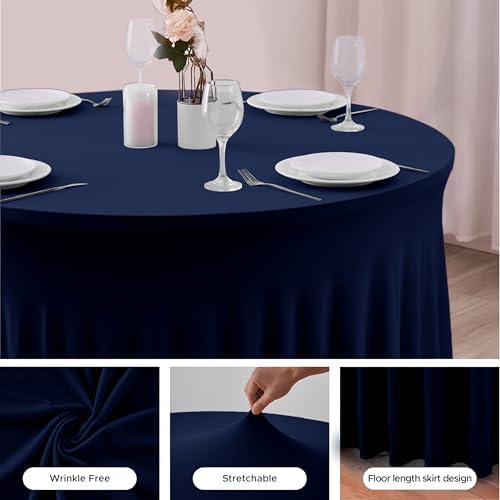Fitted Navy Spandex Table Skirts for Wedding Party,60 Inch Round,6 Pack - Image 3