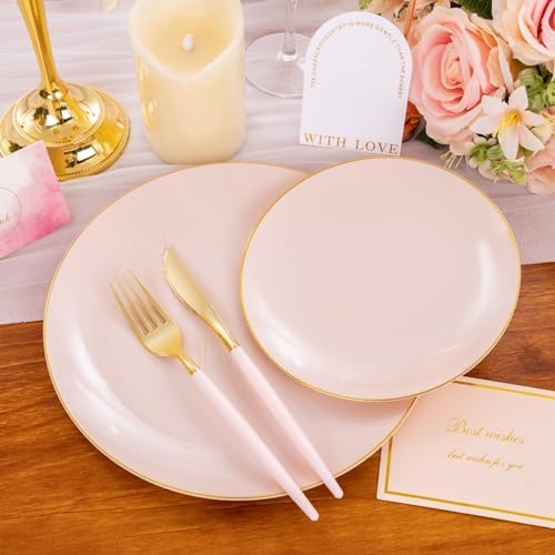 Liacere 150PCS Plastic Plates-Gold Plastic Silverware with Pink Handle - Pink Disposable Plates Include 30 Guests Plates, Forks, Spoons, Knives for Wedding ＆ Party - Image 6