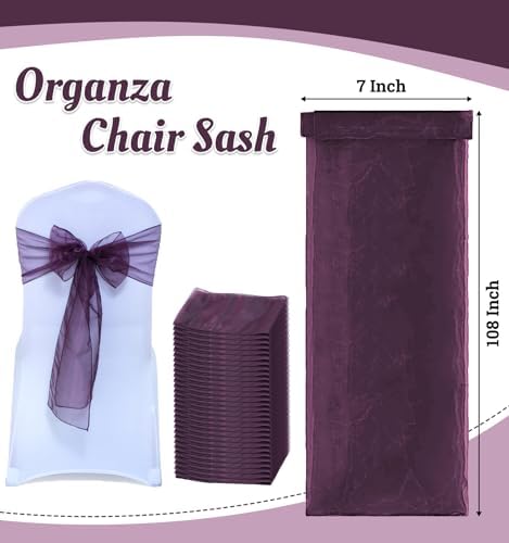 MDS Pack of 125 Organza Chair Sashes for Wedding & Event Décor – Plum - Image 3