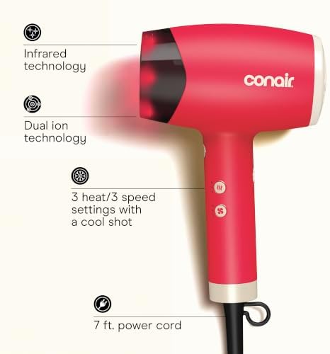 Conair InfinitiPRO Infrared Hair Dryer + Diffuser, Ionic Fast Drying, Berry - Image 2