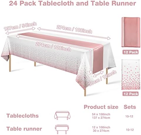 MASHAN 24 Pack White and Rose Gold Tablecloth Set - Rectangular PEVA Tablecloths and Satin Table Runners for Wedding, Baby Shower, Anniversary, Christmas, New Year Party - Image 2