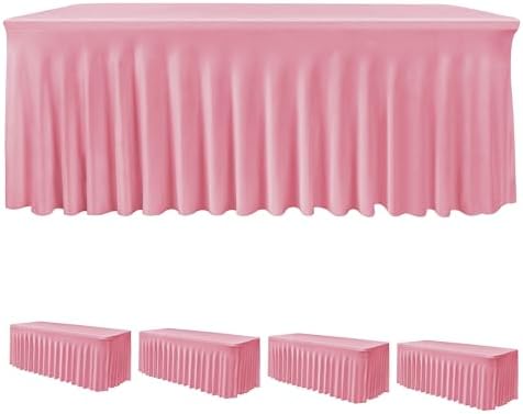 4 Pack Pink Spandex Table Covers 8ft Rectangle Ruffle Skirts for Party by HolidayIdeas