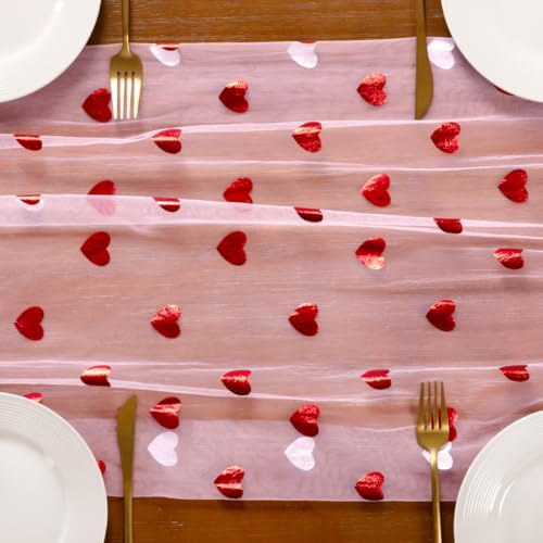 Gold Gauze Table Runner Red Heart Sheer Romantic Wedding Party Table Decor - Image 5
