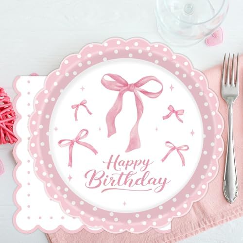 40Pcs Pink Bow Plates and Napkins Party Supplies, 9 Inch Disposable Pink Birthday Plates and Napkins Tableware Set for Bridal Engagement Baby Shower Coquette Birthday Decorations Serve 20 - Image 4