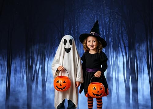Misty Forest Backdrop for Halloween Eve Gothic Party Spooky Foggy Night Dark Blue Magic Midnight Theme Woods Trees Background Photography Studio Photo Booth Props 7x5ft - Image 4