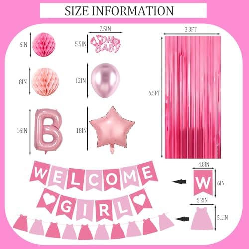 Pink Baby Shower Decorations- Girls Shower Decor Set with- Welcome Baby Banner, Clothes Banner, Fringe Curtains, Cake Topper, Honeycomb Ball, Dusty Pink Balloon and Aluminum foil Balloons (Girl) - Image 5