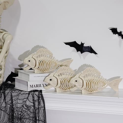 NEROSUN Halloween Fish Skeleton Decorations, 3 Pack 10" Plastic Animal Skeleton with Posable Jaw, Spooky Fish Bones Decor Indoor Outdoor for Party Graveyard Haunted House Prop - Image 3
