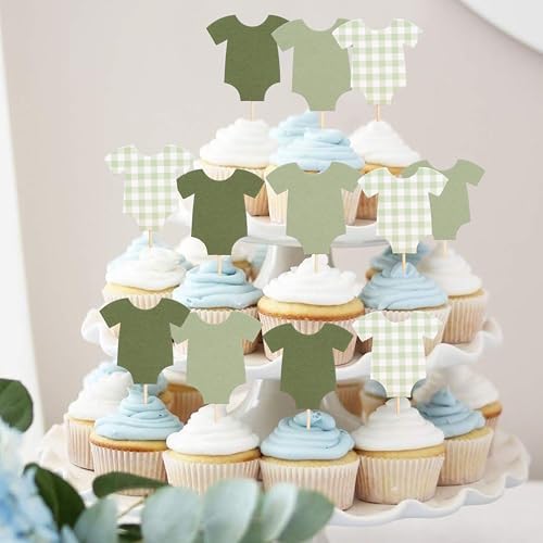 Saga Green Gingham Baby Shower Bodysuit Cupcake Topper,Blue Gingham Decor by TUTOTU